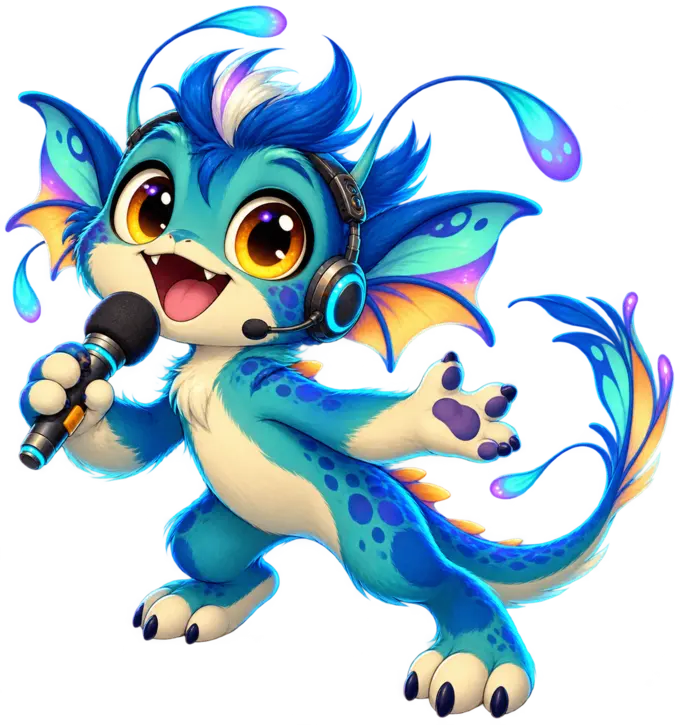 Original illustrated fantasy creature with microphone